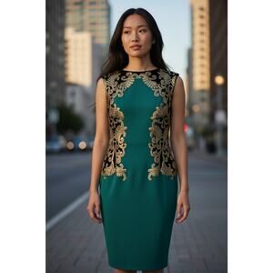 NWT Tadashi Shoji Emerald Green Neoprene Sheath Dress Gold Metallic Brocade XL